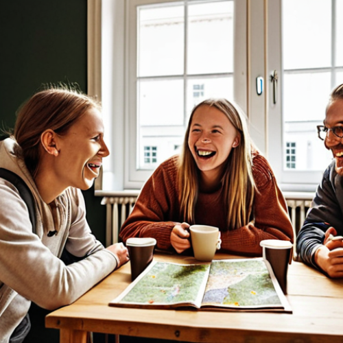**Image Prompt:** A cozy, well-lit hostel common room in Stockholm, Sweden. Backpackers are chatting and laughing over coffee, with a map of Stockholm spread out on the table. The scene evokes a sense of community, safety, and adventure.