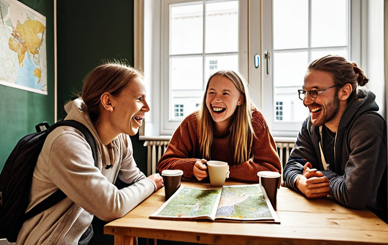 **Image Prompt:** A cozy, well-lit hostel common room in Stockholm, Sweden. Backpackers are chatting and laughing over coffee, with a map of Stockholm spread out on the table. The scene evokes a sense of community, safety, and adventure.